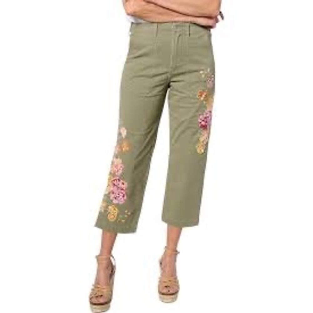 Driftwoodโ Portofino Cotton Floral Embroidered Olive Green Pants Women's Size XS